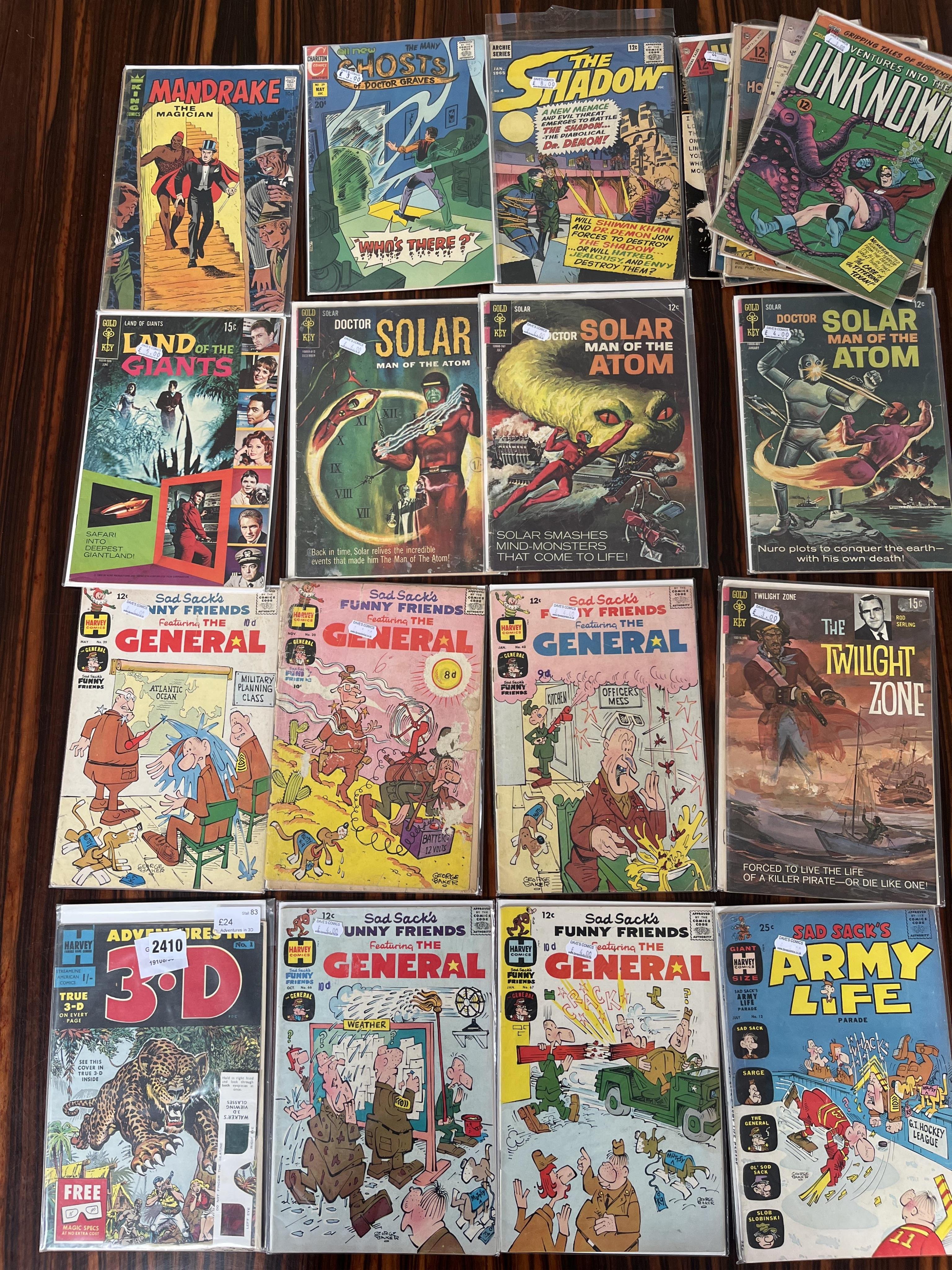 Miscellaneous 1960s-70s comics;, Harvey comics -, Adventures in 3.D, Sad Sack’s funny friends, #12#30, #39, #43, #66, #67, CDC -, Unusual tales, submarine attack #4, Captain atom, Gorgo, ACG-, Adventures into the unknown